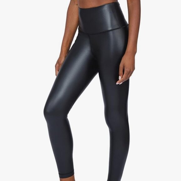 MOTO LEGGINGS FAUX LEATHER BLACK EMO HIGH RISE FREE WAISTBAND ANKLE LENGTH GOTH - Picture 3 of 13